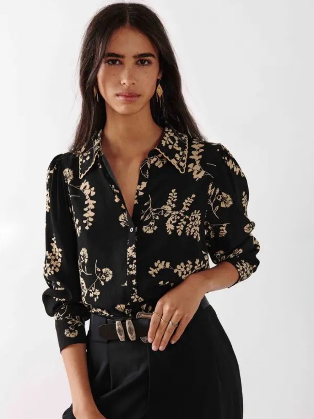 BA&SH Selym Floral Print Button Up Blouse Black Cream Large Embroidered Collar